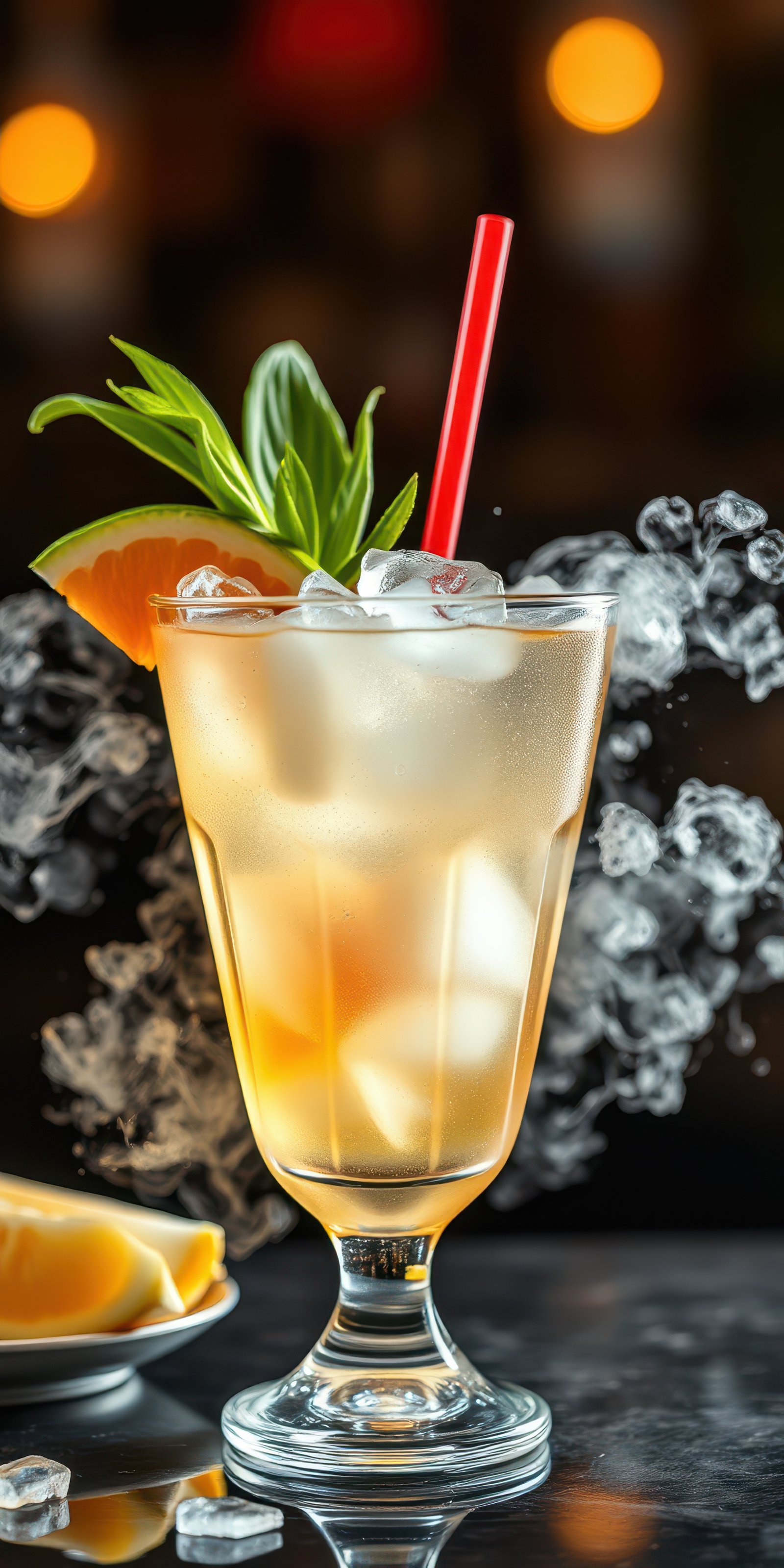 Refreshing cocktail garnished with citrus and herbs served on a dark background